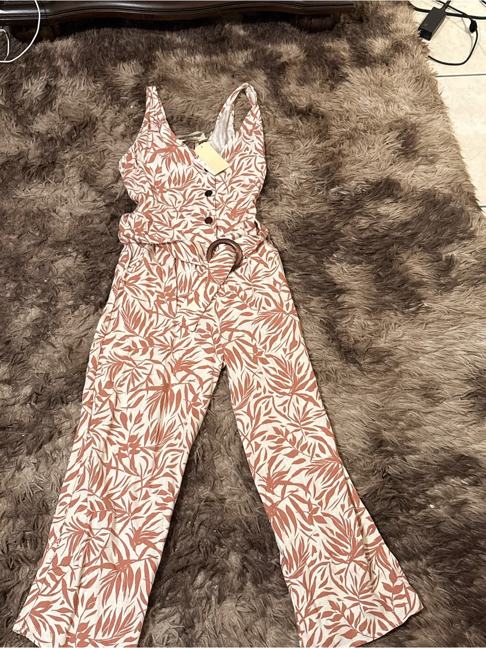 Monteau Terracotta and White Leaf-Print Sleeveless Jumpsuit